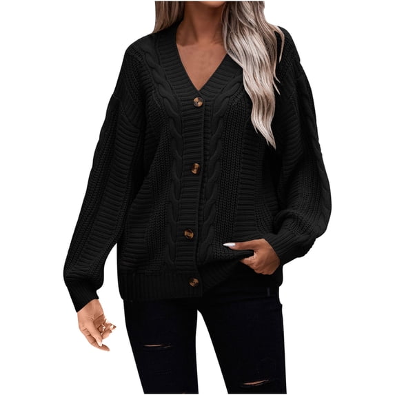 Olyvenn Women's Winter Warm V-Neck Long Sleeve Button Down Chunky Oversized Cable Knitted Cardigan Sweater with Pockets Black 8