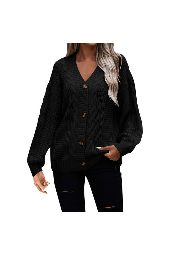 Women's Winter Warm V-Neck Long Sleeve Button Down Chunky Oversized Cable Knitted Cardigan Sweater with Pockets Black 8