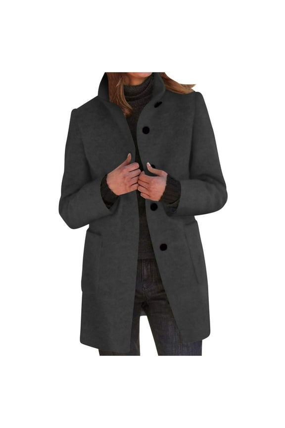 Women's Winter Wool Blend Long Sleeve Turn-Down Collar Single Breasted Solid Warm Overcoat Outwear with Pockets Black 12