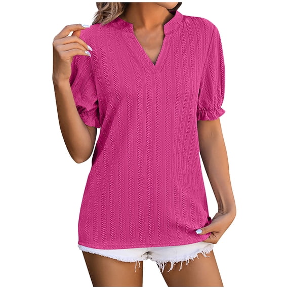 Olyvenn Women's Workout Tops Fashion Casual Bubble Sleeve V-Neck T Shirt Solid Color Loose Top Blouse Puff Short Sleeve Knit Textured Regular Fit Tops Hot Pink 4