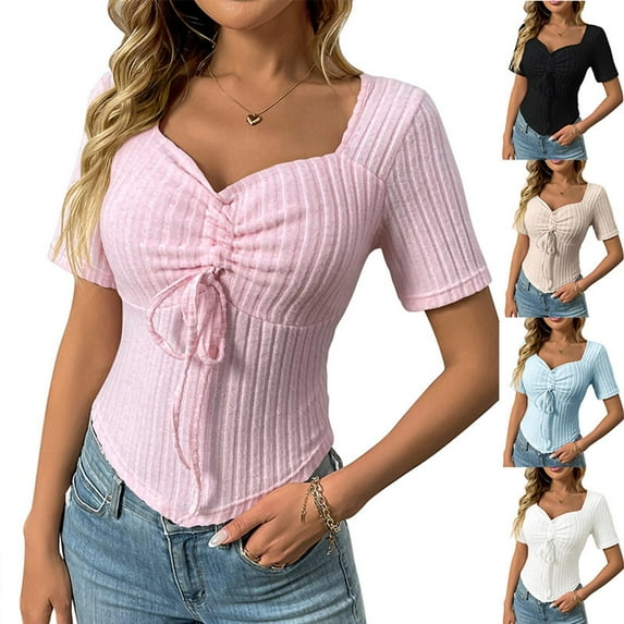 Olyvenn Women's Y2k Trendy Short Sleeve Shirt Cute Ruched Drawstring Slim Fit Pullover Tops Y2k Clothes Party Dressy Beige L