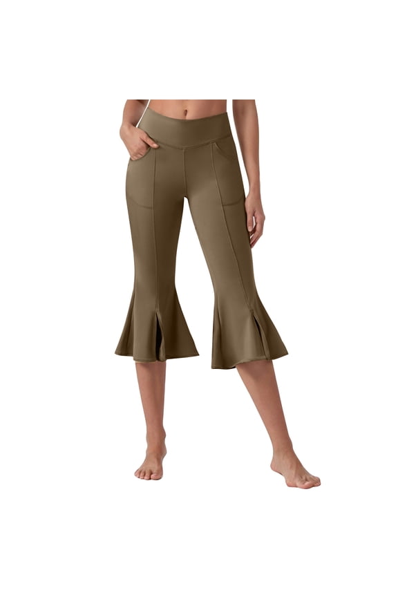Women's Yoga Capri Pants Stretch Causal Athletic Quick Dry Capri Ruffle Dance Leggings with Pockets Bronze XXL