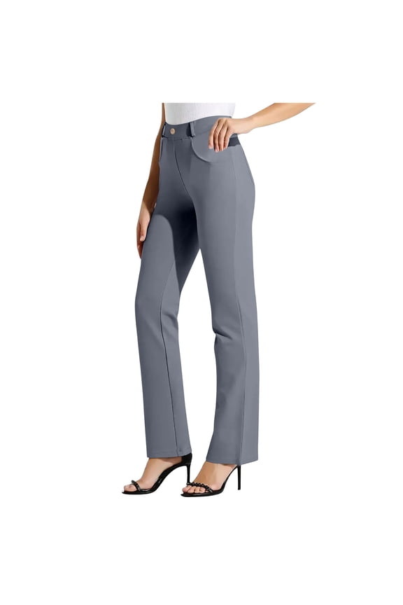 Women's Yoga Dress Pants Bootcut Work Slacks Stretch Office with Belt Loops 4 Pockets Straight Leg High Waist Office Trousers Dark Gray 12-14
