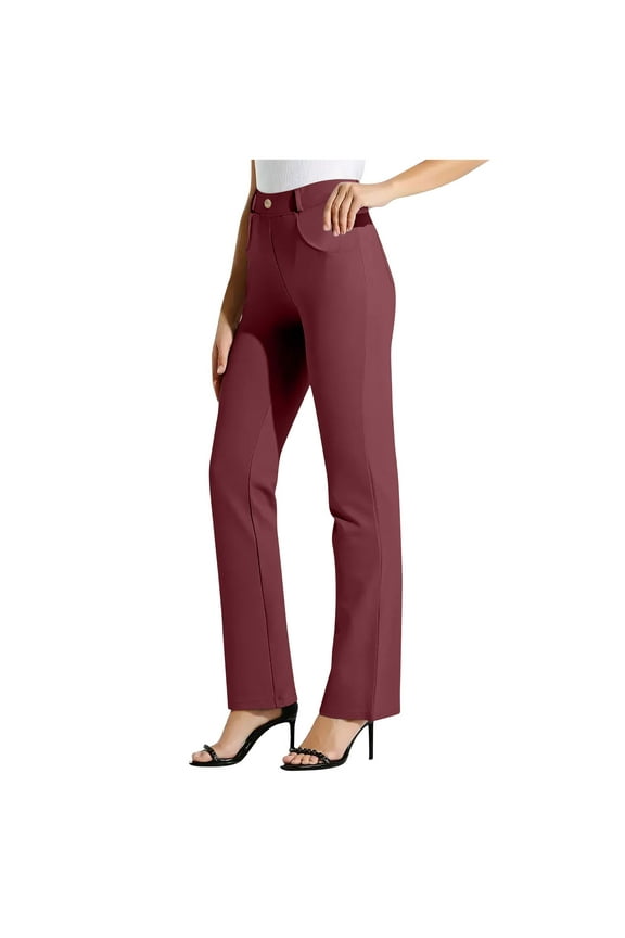 Women's Yoga Dress Pants Bootcut Work Slacks Stretch Office with Belt Loops 4 Pockets Straight Leg High Waist Office Trousers Wine 12-14
