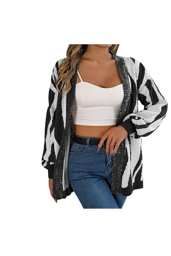 Women's Zebra Print Long Sleeve Open Front Loose Cardigan Sweater Coat Outwear Oversized Knitted Sweaters Tops Black 6