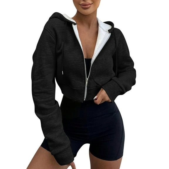 Olyvenn Women's Zip Up Crop Hoodies Long Sleeve Jacket Winter Fashion Pullover Thermal Lined Hooded Sweatshirts Coat Black M