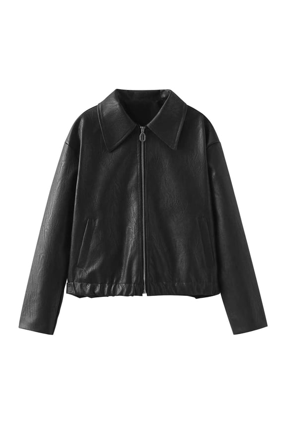 Women's Zip Up Faux Leather Shacket Long Sleeve Casual Motorcycle Jacket Biker Coat for Women Trendy Black S