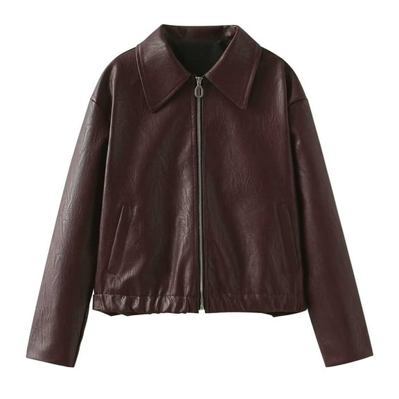 Olyvenn Women's Zip Up Faux Leather Shacket Long Sleeve Casual Motorcycle Jacket Biker Coat for Women Trendy Wine XS