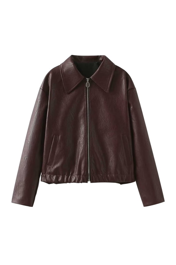 Women's Zip Up Faux Leather Shacket Long Sleeve Casual Motorcycle Jacket Biker Coat for Women Trendy Wine XS