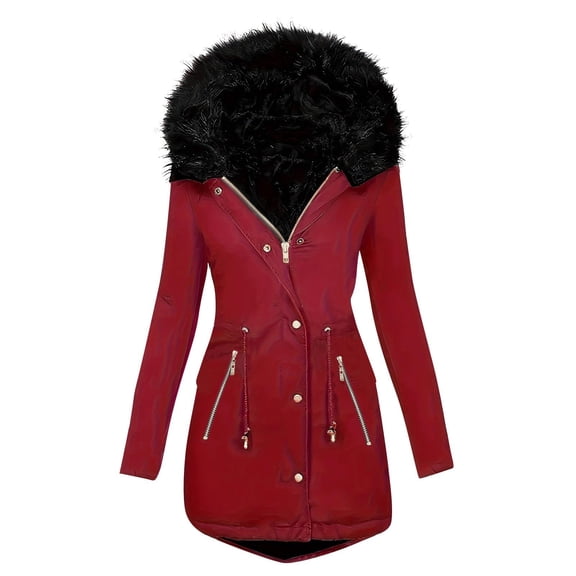 Olyvenn Women's Zipper Drawstring Button Jacket Long Sleeved Hooded Parkas Casual Outwear Plush Fabric Lightweight Soft Comfortable for Daily Casual Party Vacation Red M