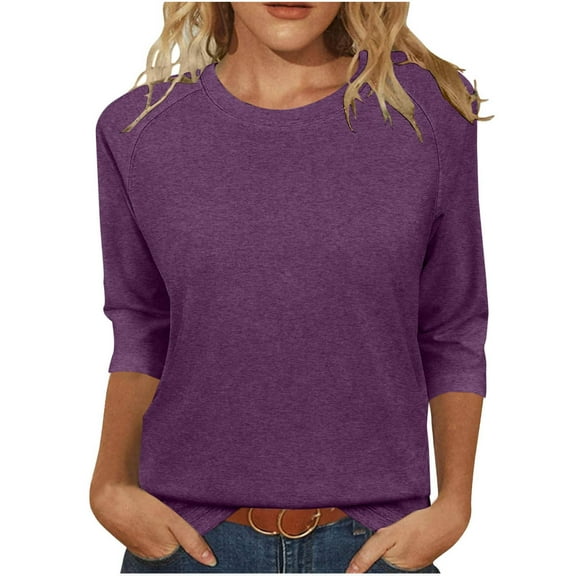 Olyvenn Womens 2025 3/4 Sleeve Tshirt Tops Solid Color Summer Spring Fashion Crewneck Blouse Tee Trendy Woman Clothing Purple S