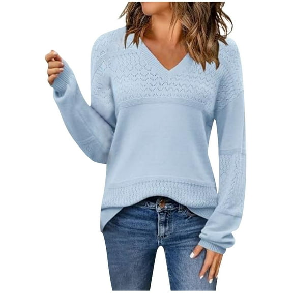 Olyvenn Womens 2025 Fall Sweaters Casual Long Sleeve Ribbed Knit Pullover V Neck Lightweight Crochet Pullover Sweater Top Blue XL