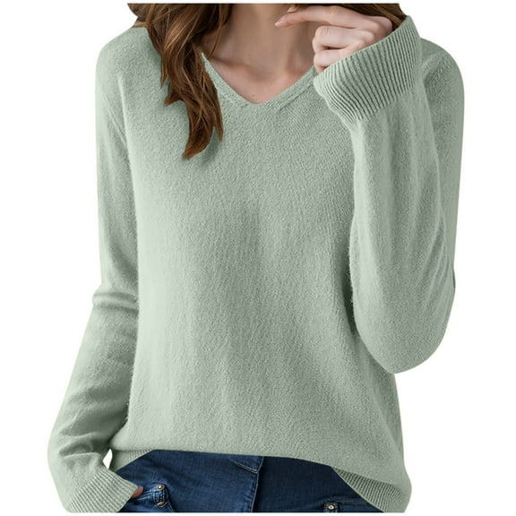 Olyvenn Womens 2025 Fall V Neck Sweaters Casual Loose Fit Chunky Knit Pullover Tops Long Sleeve Oversized Soft Trendy Tshirts Mint Green M