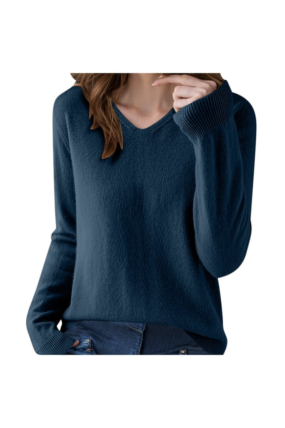 Womens 2025 Fall V Neck Sweaters Casual Loose Fit Chunky Knit Pullover Tops Long Sleeve Oversized Soft Trendy Tshirts Navy S