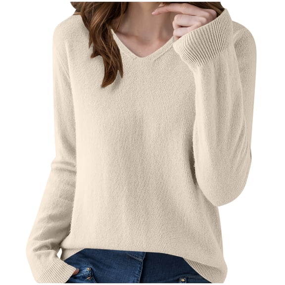 Olyvenn Womens 2025 Fall V Neck Sweaters Casual Loose Fit Chunky Knit Pullover Tops Long Sleeve Oversized Soft Trendy Tshirts White S