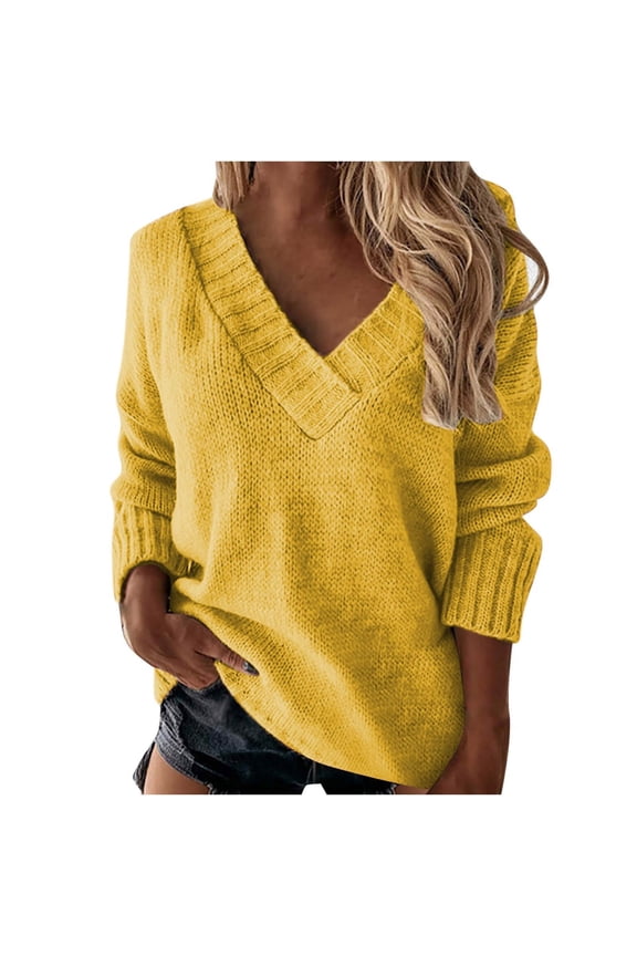 Womens 2025 Fall Winter Oversized Sweater Pullover V Neck Long Sleeve Loose Solid Knit Jumper Sweater Tops for Women Yellow L