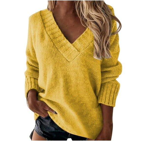 Olyvenn Womens 2025 Fall Winter Oversized Sweater Pullover V Neck Long Sleeve Loose Solid Knit Jumper Sweater Tops for Women Yellow L