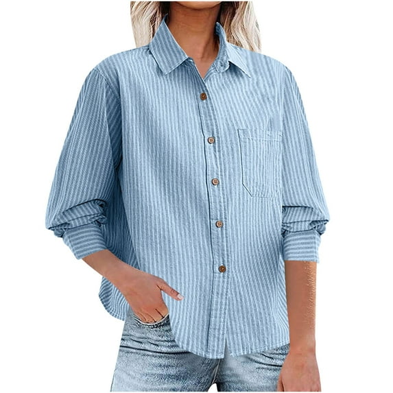 Olyvenn Womens 2025 Smocked Cuffed Striped Boyfriend Shirt Flap Pocket Cotton-Blend Casual Button Down Collared Blouse Blue XL