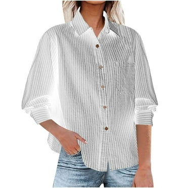 Olyvenn Womens 2025 Smocked Cuffed Striped Boyfriend Shirt Flap Pocket Cotton-Blend Casual Button Down Collared Blouse White XXL