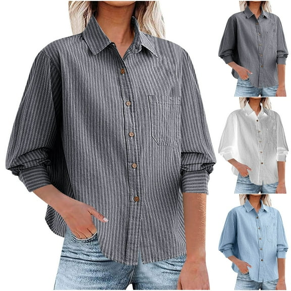 Olyvenn Womens 2025 Smocked Cuffed Striped Boyfriend Shirt Flap Pocket Cotton-Blend Casual Button Down Collared Blouse White XXL