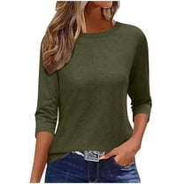Olyvenn Womens 3/4 Length Sleeve T-Shirts Casual Crewneck Tops Shirts Basic Tee Blouses 2025 Loose Fit Pullover Army Green XXL