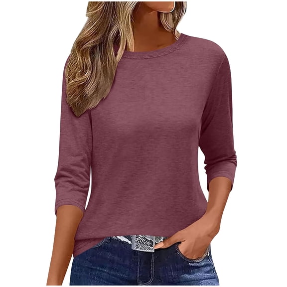 Olyvenn Womens 3/4 Length Sleeve T-Shirts Casual Crewneck Tops Shirts Basic Tee Blouses 2025 Loose Fit Pullover Purple L