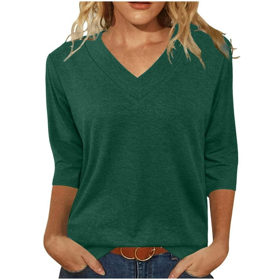 Olyvenn Womens 3/4 Length Sleeve Tunic Tops Casual V Neck Shirts Basic Tees Business Work Blouses Summer Fall 2025 Clothes Green S