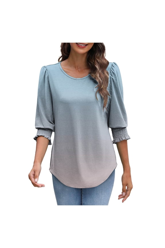 Womens 3/4 Puff Sleeve Top Summer Gradient Shirts Cute Dressy Beach Tees Summer Outfits Blouse with Smocked Cuffs Light Blue XL