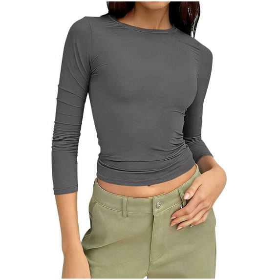 Olyvenn Womens 3/4 Sleeve T Shirts 2026 Fashion Round Neck Basic Crop Tops Slim Fitted Top Going Out Outfits Clothes Gray L