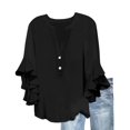thumbnail image 1 of Olyvenn Womens 3/4 Sleeve Tops Casual Ruffle T Shirts Solid Henley Notched V Neck Tees Loose Fit Graphic Button Dressy Blouses Black XL, 1 of 5