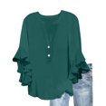 thumbnail image 1 of Olyvenn Womens 3/4 Sleeve Tops Casual Ruffle T Shirts Solid Henley Notched V Neck Tees Loose Fit Graphic Button Dressy Blouses Green S, 1 of 5