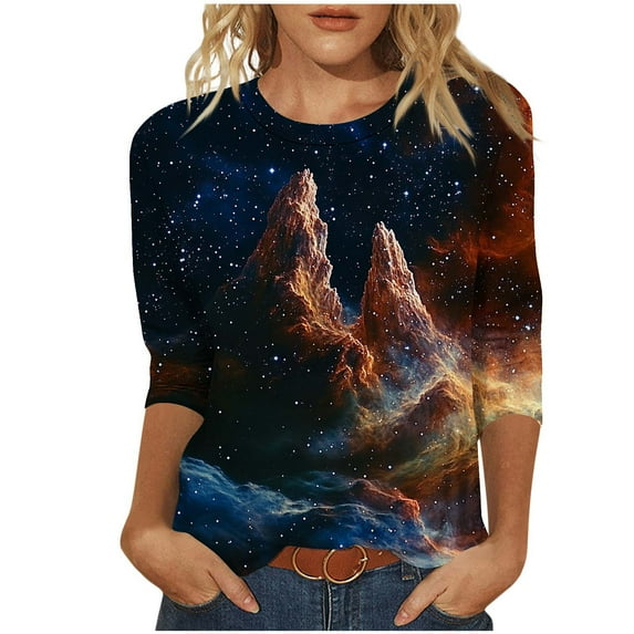 Olyvenn Womens Blouses Dressy Casual, Women's Casual Fashion Print Round Neck Three Quarter Sleeve T-Shirt Top Purple S