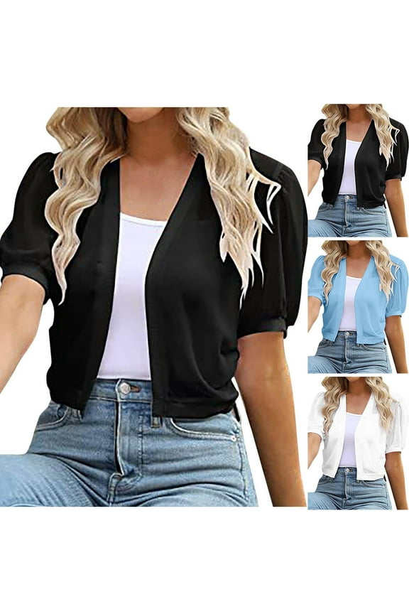Womens Bolero Classy Cropped Shawl Casual Wedding Blazer Set Short Bubble Sleeve Jackets Vintage Solid Slim Fit Business Work Office Fashion V Neck Womens Suit Light Blue 12