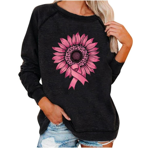 Olyvenn Womens Breast Cancer Awareness Sweatshirt Shirts Long Sleeve Funny Pink Ribbon Heasrt Graphic Pullover Tops Black XXL