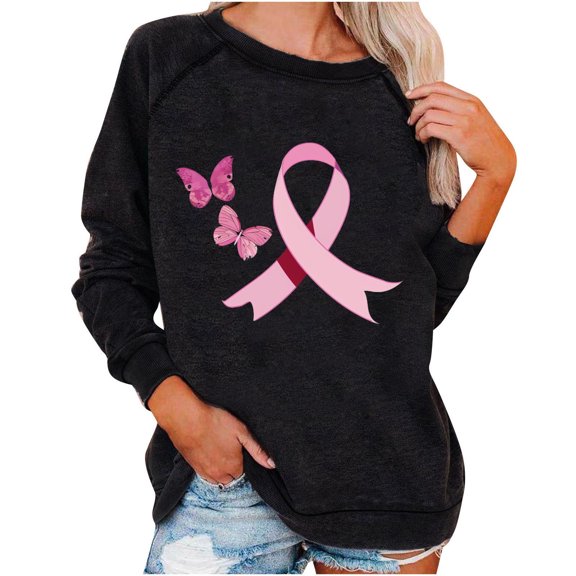 Olyvenn Womens Breast Cancer Awareness Sweatshirt Shirts Long Sleeve Funny Pink Ribbon Heasrt Graphic Pullover Tops Black XXL