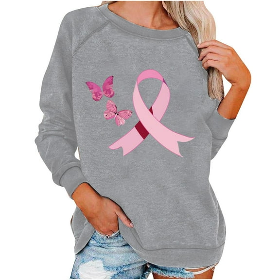 Olyvenn Womens Breast Cancer Awareness Sweatshirt Shirts Long Sleeve Funny Pink Ribbon Heasrt Graphic Pullover Tops Gray L