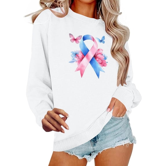 Olyvenn Womens Breast Cancer Awareness Sweatshirt Shirts Long Sleeve Funny Pink Ribbon Heasrt Graphic Pullover Tops White L