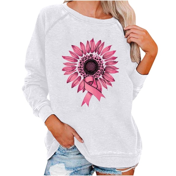 Olyvenn Womens Breast Cancer Awareness Sweatshirt Shirts Long Sleeve Funny Pink Ribbon Heasrt Graphic Pullover Tops White XL