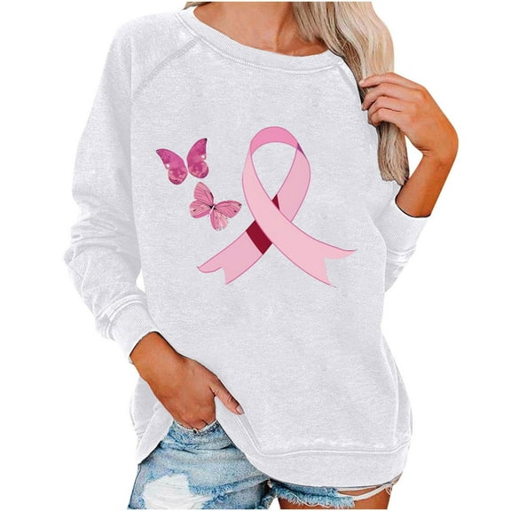 Olyvenn Womens Breast Cancer Awareness Sweatshirt Shirts Long Sleeve Funny Pink Ribbon Heasrt Graphic Pullover Tops White XXL
