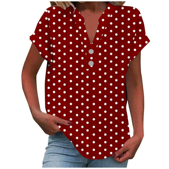 Olyvenn Womens Button Down Blouses Polka Dot Print Casual Peplum Summer Tops Dressy Chiffon Work Blouse Henley Shirts Red S