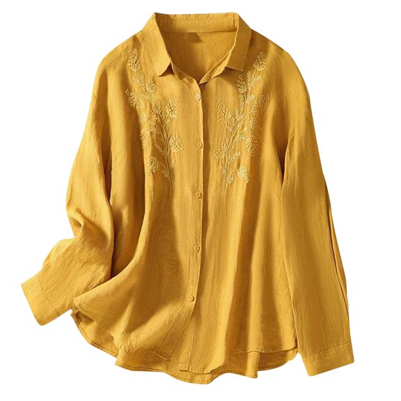 Olyvenn Womens Button Down Shirt Retro Casual Long Sleeve Loose fit Classic Collared Blouses Fasion Floral Embroidered Tunic Top Yellow 6
