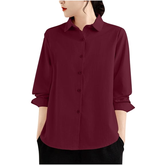 Olyvenn Womens Button Down Shirts Long Sleeve Dressy Casual Blouses Button Up Collared Shirts Tops for women Wine XXL