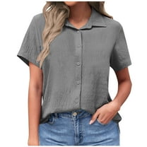 Olyvenn Womens Button Down Shirts Short Sleeve Loose Collared V Neck Tunics Summer Linen Tops Work Casual Business Blouses Gray S