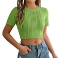 thumbnail image 1 of Olyvenn Womens Cable Knitted Crop Tee Shirts Casual Summer Short Sleeve Sweater Tops Comfy Crew Neck Cute Blouse Green XL, 1 of 8