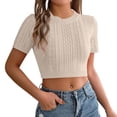 thumbnail image 1 of Olyvenn Womens Cable Knitted Crop Tee Shirts Casual Summer Short Sleeve Sweater Tops Comfy Crew Neck Cute Blouse Khaki XL, 1 of 7