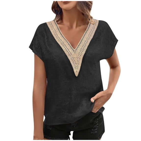 Olyvenn Womens Cap Sleeve Summer Tops 2025 Trendy Tank Tops Patchwork Lace V Neck Short Sleeve T Shirts Loose Fit Shirts Black XXL