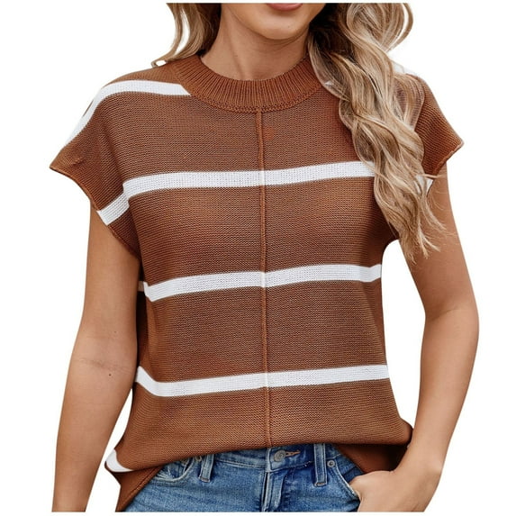 Olyvenn Womens Cap Sleeve Tank Tops Striped Crew Neck Casual Loose Fit Spring Summer Pullover Knit Sweater Vest Brown L