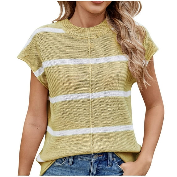 Olyvenn Womens Cap Sleeve Tank Tops Striped Crew Neck Casual Loose Fit Spring Summer Pullover Knit Sweater Vest Yellow XL