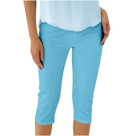 Olyvenn Womens Capri Pants High Waisted Workout Yoga Leggings Capris Casual Slim Fit Athletic Running Beach Cropped Pants Blue L