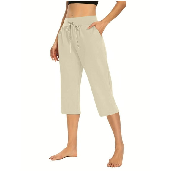 Olyvenn Womens Capri Yoga Pants Loose Workout Joggers Drawstring Sweatpants Lounge Pajama Capris Pants with Pockets Beige L